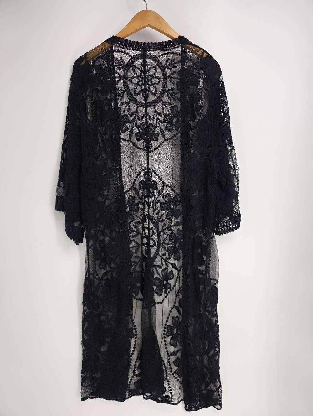 Black Floral Lace Kimono Cardigan Sheer Open Front Boho Festival - Picture 2 of 6